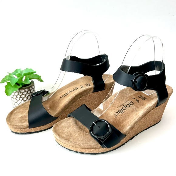 Birkenstock Papillio Soley Wedge Sandal Black Leather Ankle Strap Size 38 - Picture 2 of 10